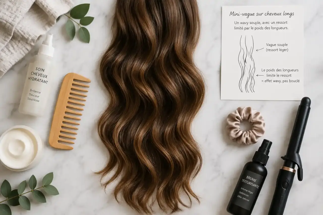 Mini-vague sur cheveux longs : un wavy souple, avec un ressort limité par le poids des longueurs